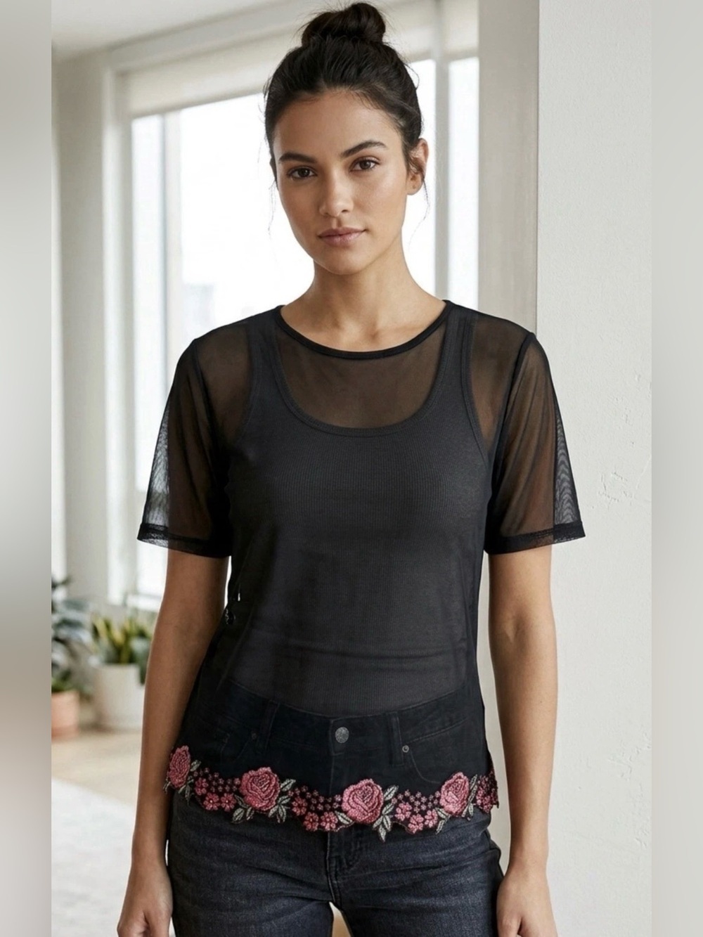 Black Floral Embroidered Women's Top - Picture 2 of 6